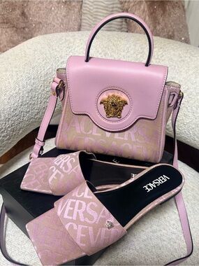 Versace Pink Logo Top-Handle Mini Bag with Matching Pink Slide Sandals  both